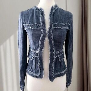 100% Linen Denim Style Jacket Frayed Trim Blue Jean‎ Blazer by Dual View Japan